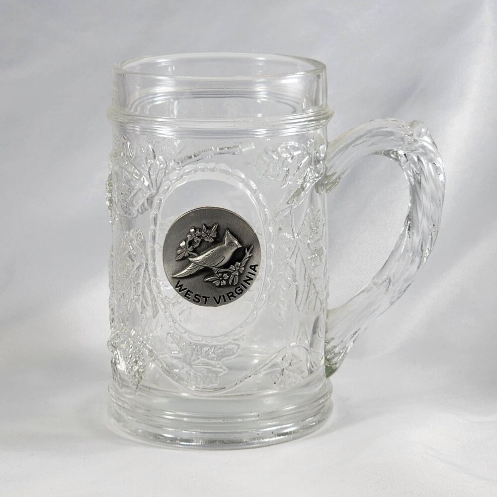 Vintage Glass Beer Souvenir Mug West Virginia Cardinal State Bird Pewter Emblem